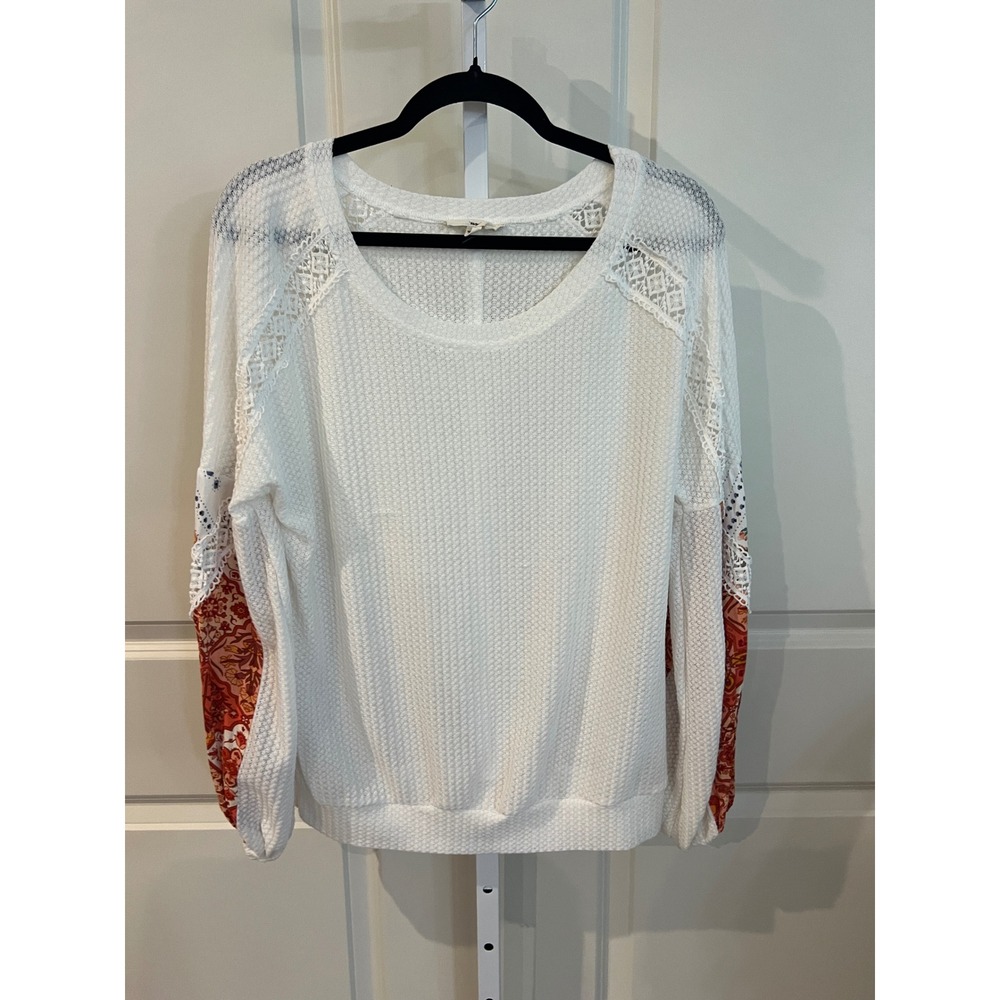 Entro Waffle Knit Boho Top White Floral Lace Balloon Sleeve Medium - Picture 2 of 9